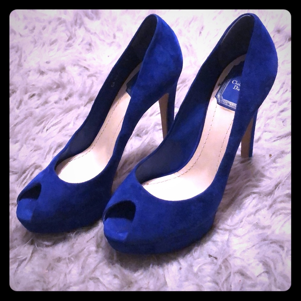 Christian Dior cobalt suede, 5 1/5”, peep toe pump